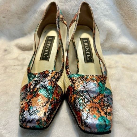 Vintage Heels J. Renee Size 9 Multicolored Snakeskin Metallic Orange Teal - Picture 4 of 16